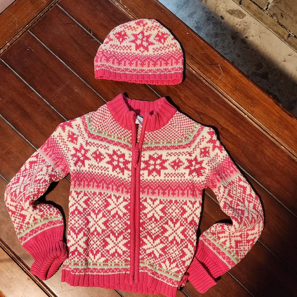 GAP Pink and White Knit Sweater With Hat